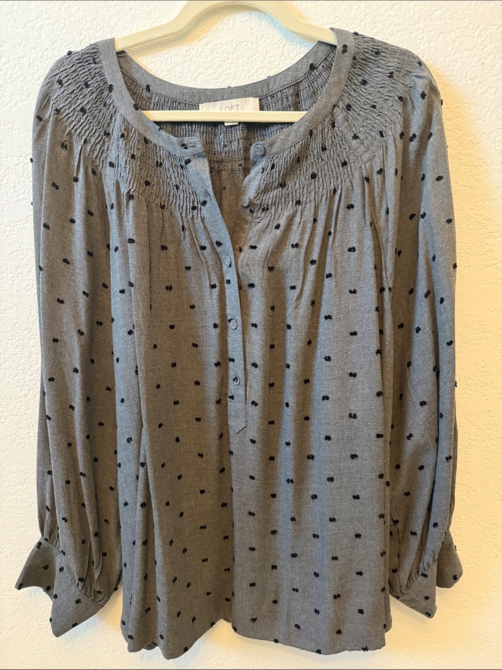 LOFT Gray Polka Dot Smocked Yoke Button-Front Blouse
